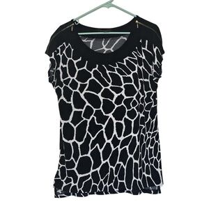Susan Lawrence Giraffe Print Top XL Black White Gold Zipper Short Sleeve Blouse